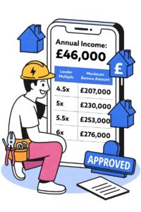 an electrician calculates how much he can borrow based on his annual gross income - the tradesman is happy with how much he can borrow - opportunity mortgages helps tradespeople get approved for first time buyer mortgages