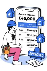 a plumber calculates how much he can borrow based on his annual gross income - the tradesman is happy with how much he can borrow - opportunity mortgages helps tradespeople get approved for home mover mortgages